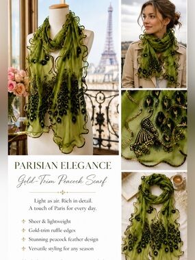 🌟 Parisian-style Gold-trim GREEN Peacock Scarf 🦚